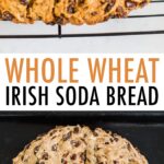 Photo of Irish soda bread loaf on a cooling rack, and another photo of the unbaked loaf of soda bread on a baking sheet.