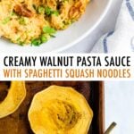 A photo of a fork taking a bite from a plate of spaghetti squash with walnut pasta sauce. Another photo of cooked rings of spaghetti squash on a baking sheet.