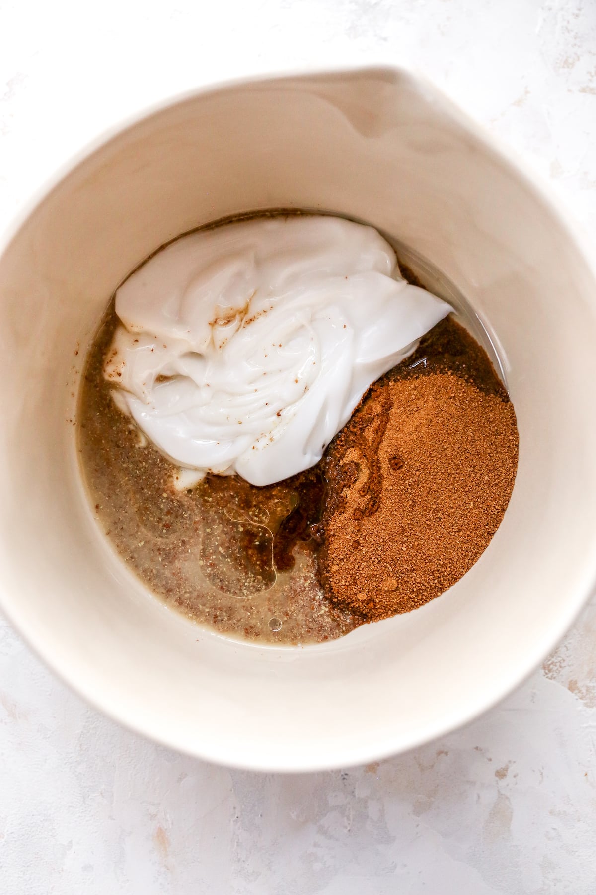 Mixing bowl with ingredients for coffee cake.