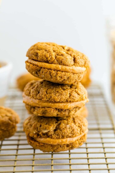 Stack of three homemade do-si-do cookies.