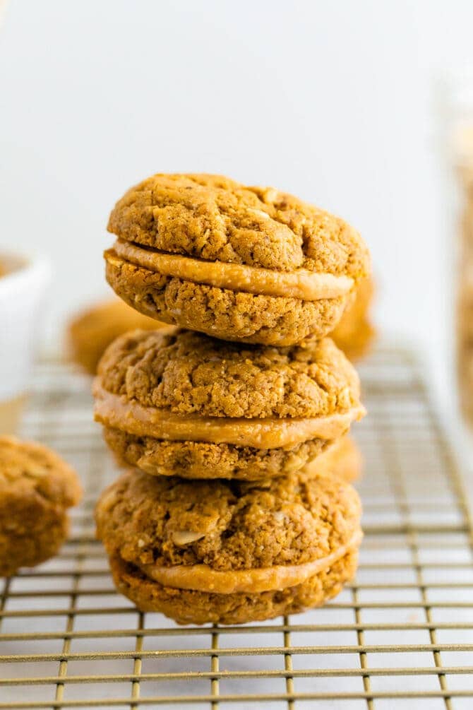 Stack of three homemade do-si-do cookies.