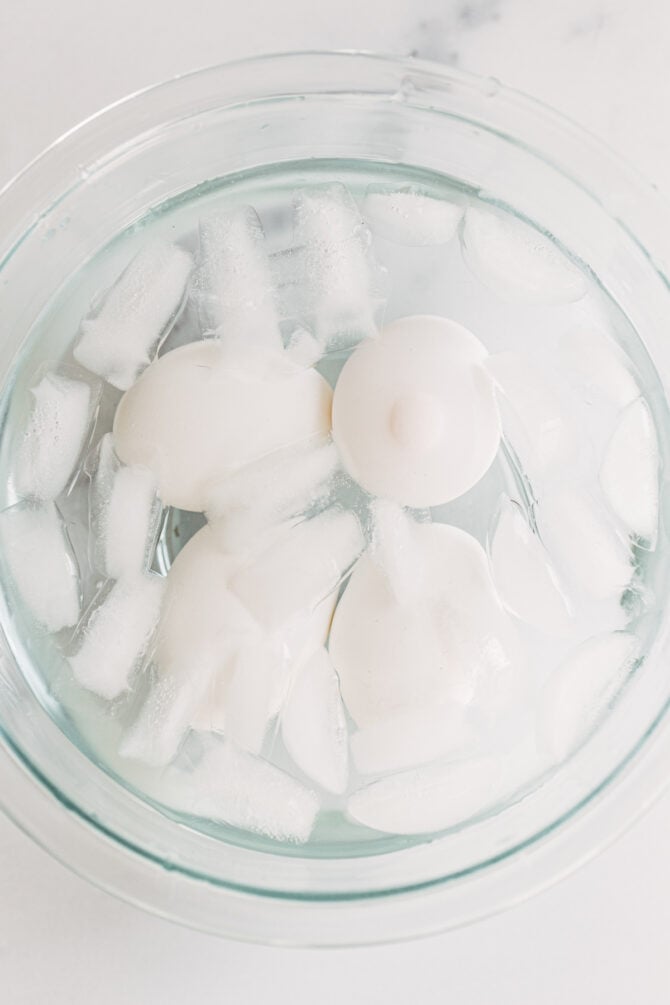 Hard boiled eggs in an ice bath.