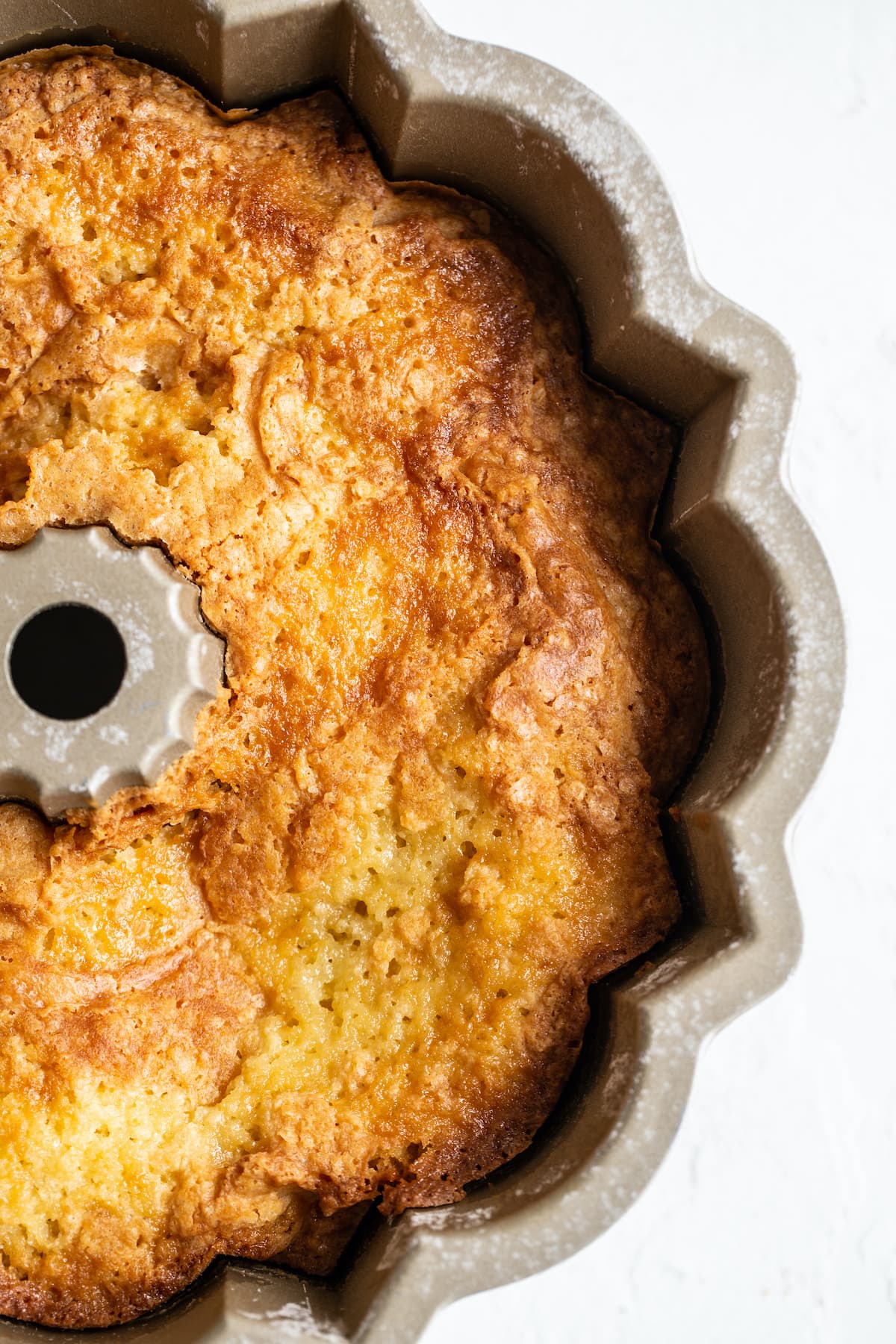 Baked pound cake in a bundt pan.