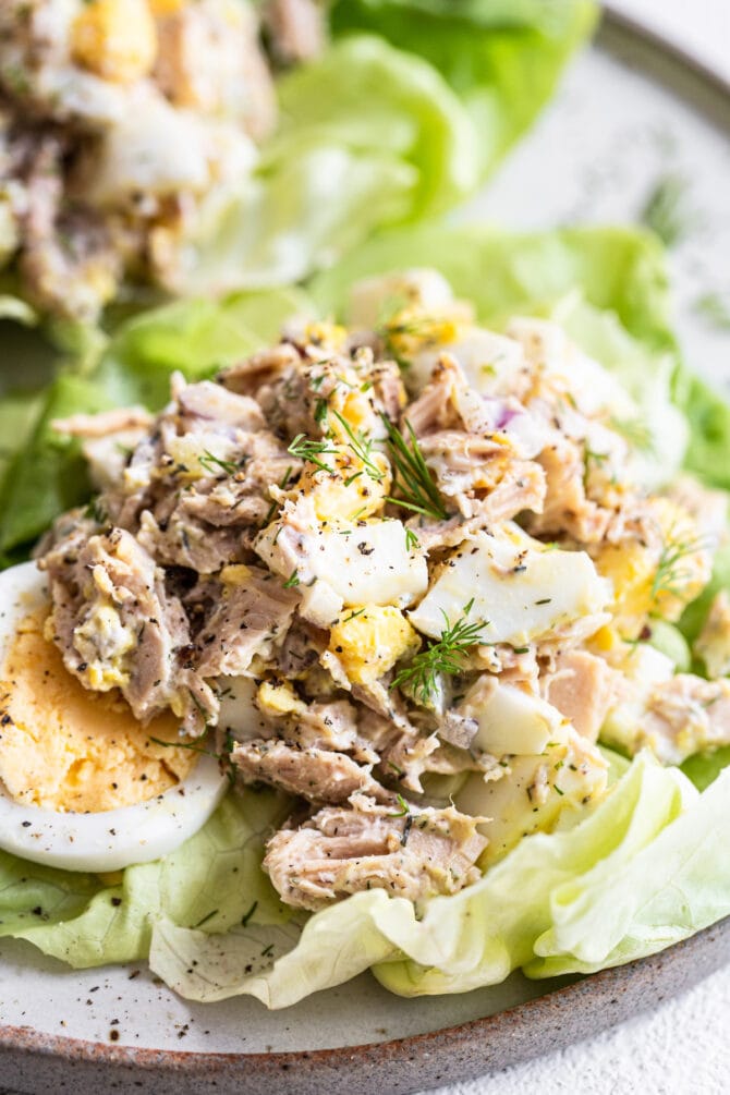 Tuna egg salad on a lettuce wrap.