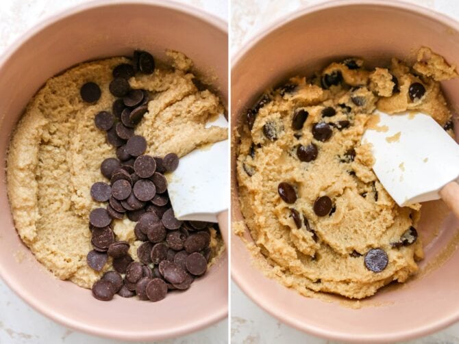 Side by side photos of cookie dough with chocolate chips before and after being mixed into the dough with a spatula.
