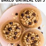 Three chocolate chip baked oatmeal cups on a plate.