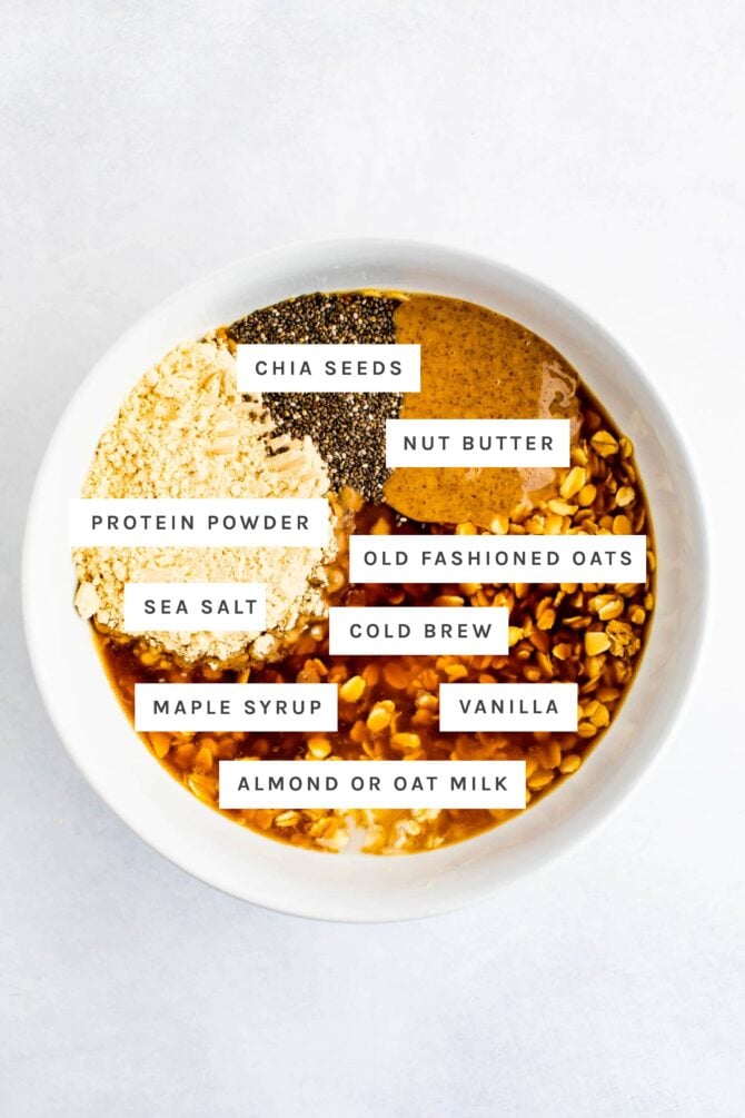 Ingredients to make coffee overnight oats in a bowl with labels.