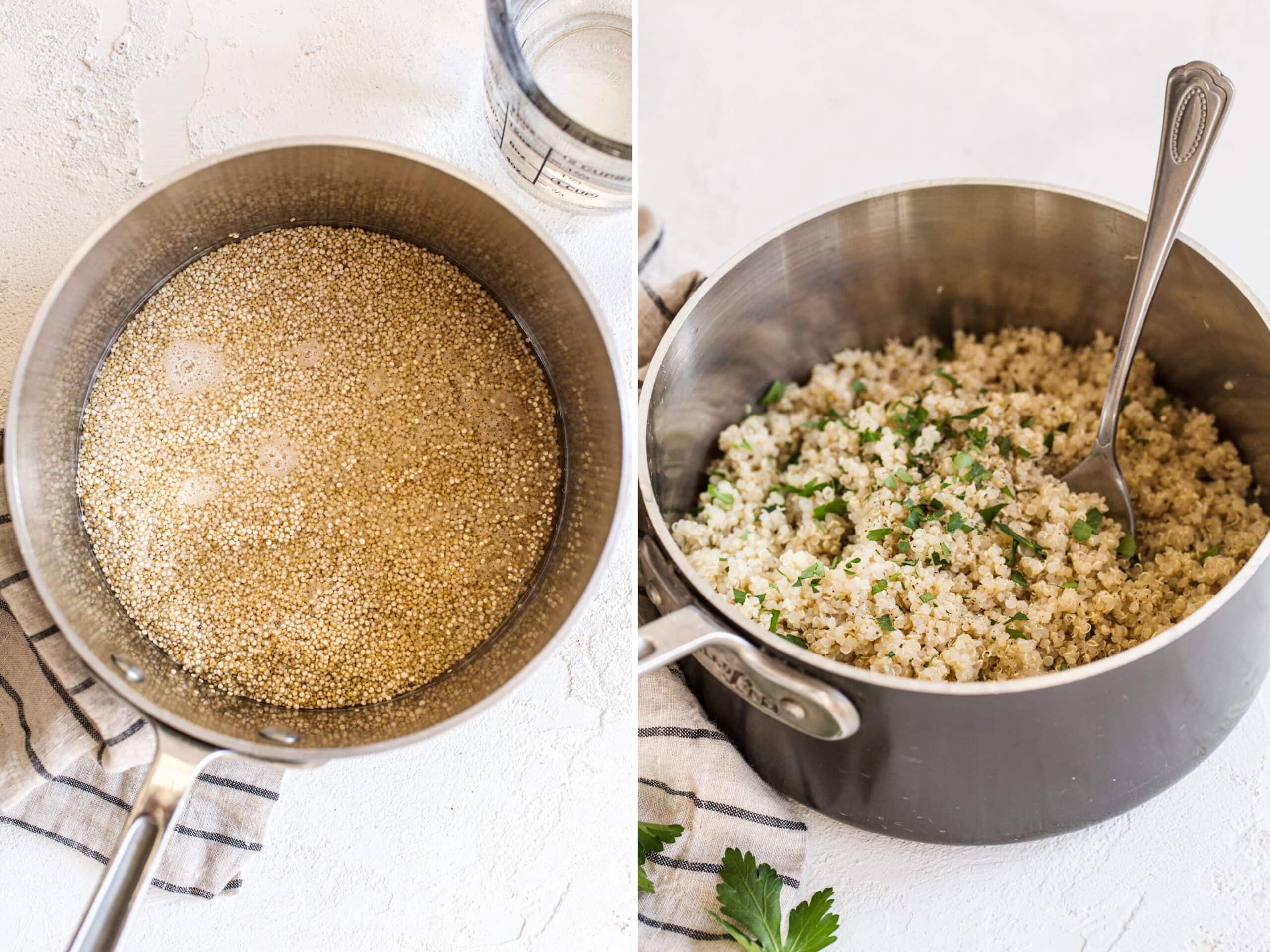 Side by side photos. One is of quinoa and water in a pot. The second is of cooked quinoa in a pot with a spoon and topped with parsley.