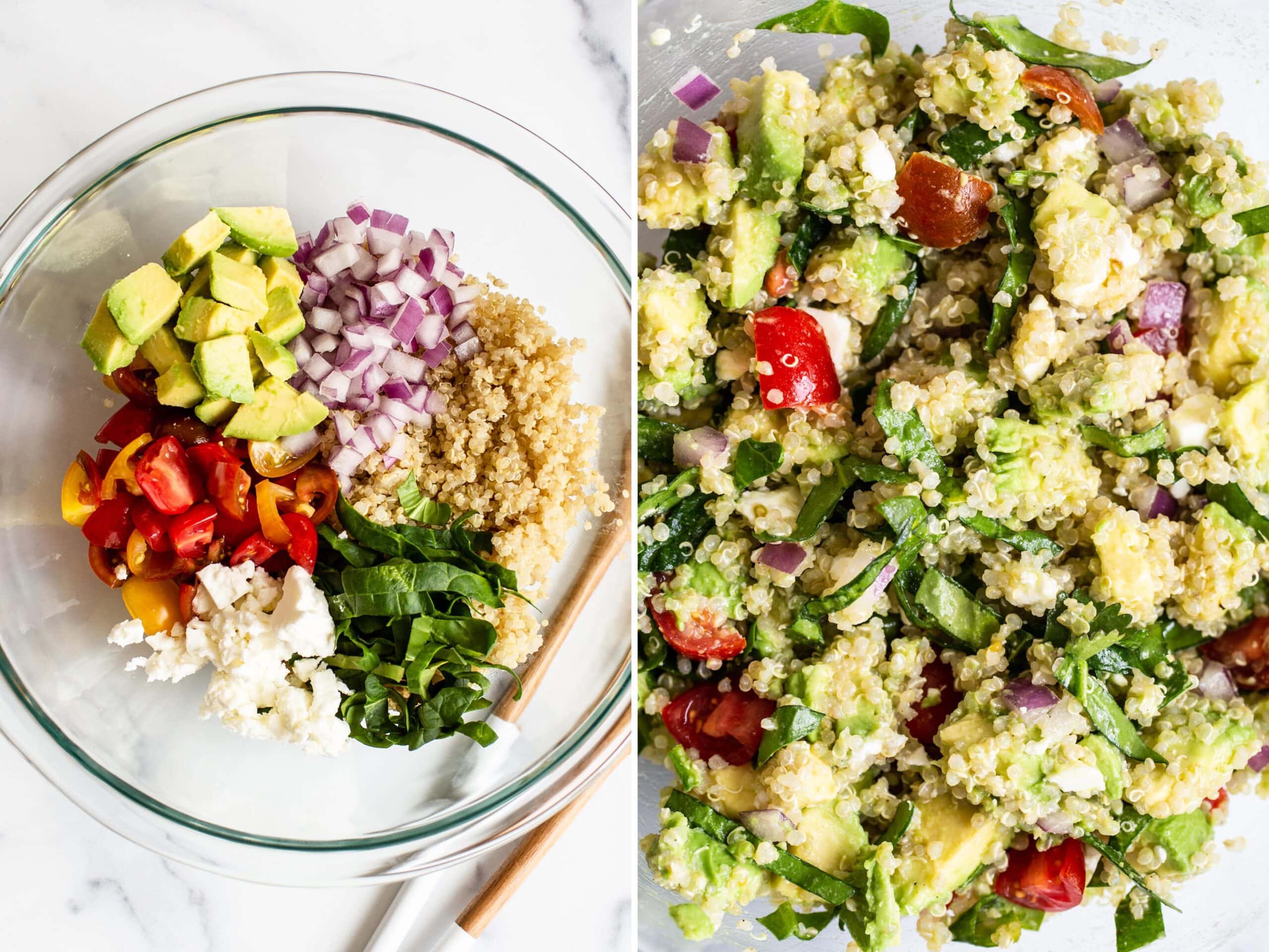 Side by side photos. First is a bowl of avocado, onion, quinoa, spinach, feta and tomatoes. The second photo is of all the quinoa salad ingredients tossed together in the bowl.