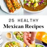 Collage of enchiladas, black bean soup, a taco salad and guacamole.