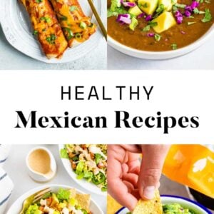 Collage of enchiladas, black bean soup, a taco salad and guacamole.