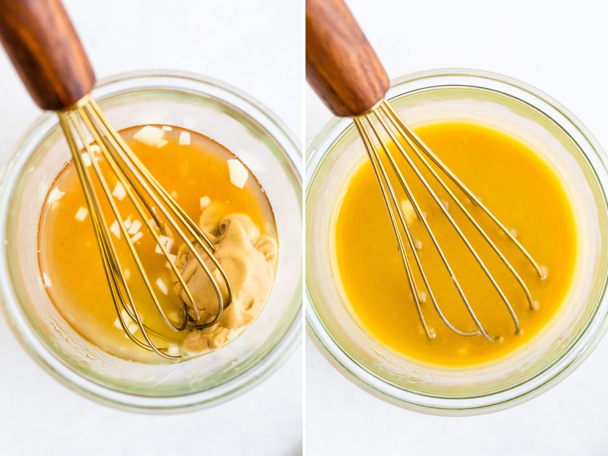 Side by side photos of a whisk and jar with ingredients to make honey mustard dressing before and asking being whisked.