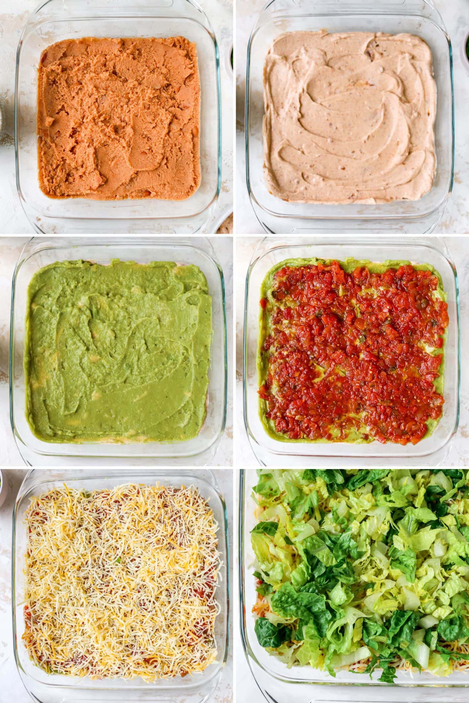 Six photos of each layer in mexican layer dip: beans, sour cream, guacamole, salsa, cheese and lettuce.