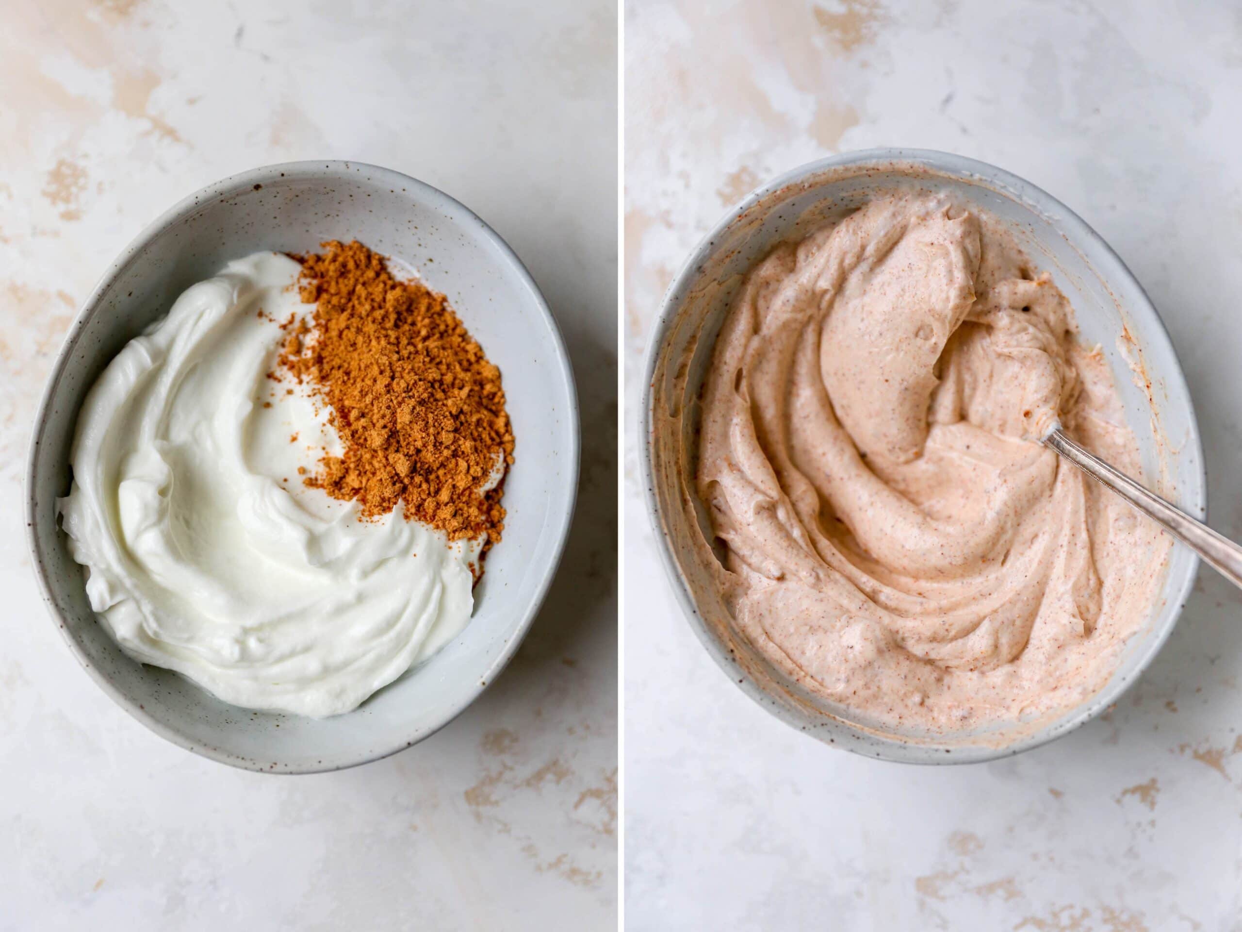 Side by side photos. First is a bowl of Greek yogurt with taco seasoning. Second photo is the yogurt mixed with the seasoning.
