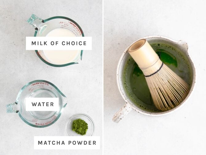 Side by side photo of milk, water and matcha measured out. Other photo of matcha being whisked in water.