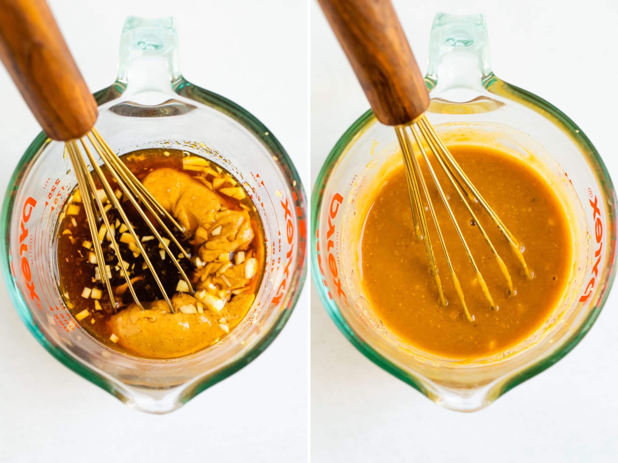 Side by side photos of a glass measuring cup with ingredients for a peanut dressing before and after being whisked.