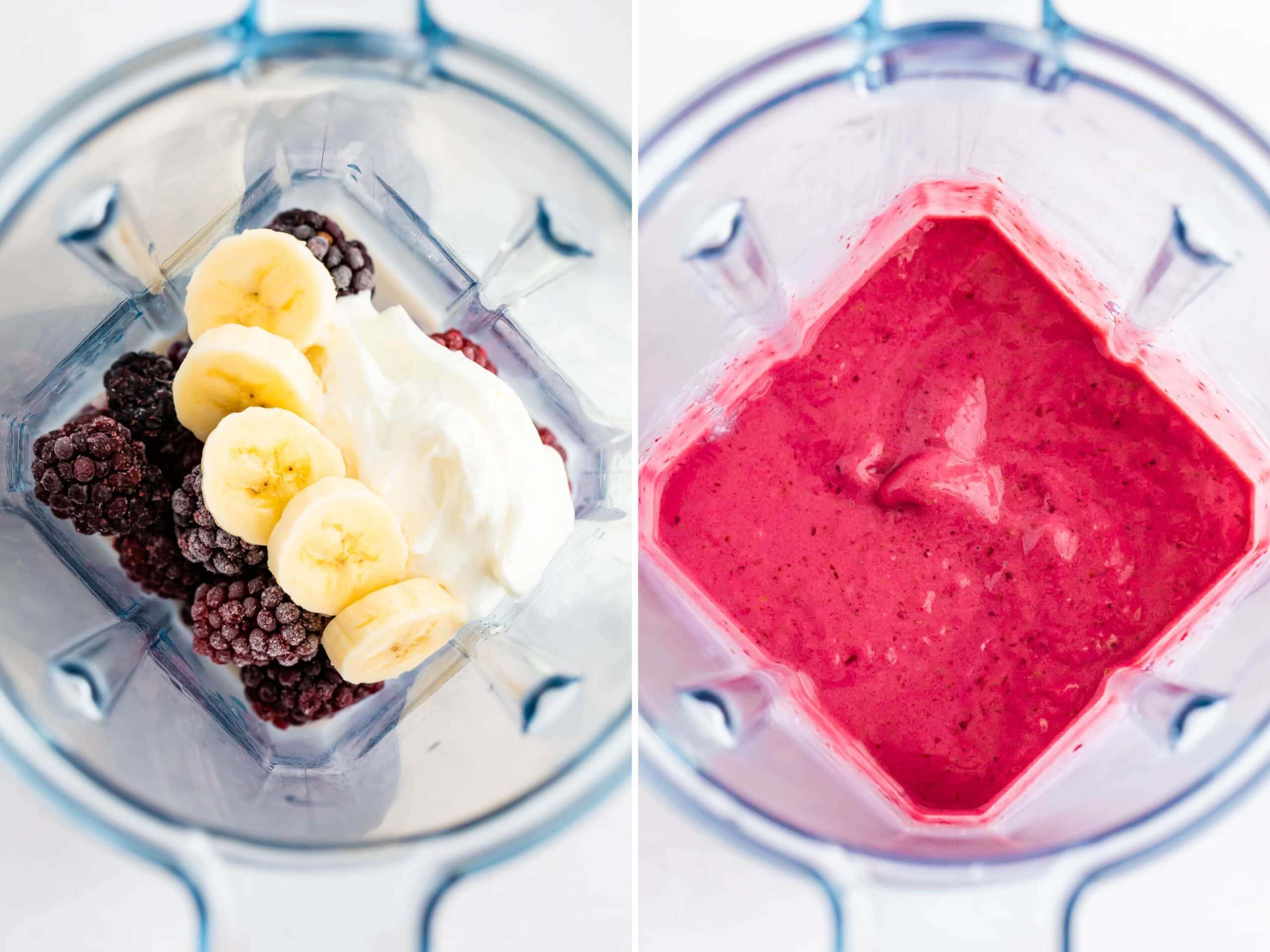 Side by side photo of a blackberry smoothie before and after being blended.