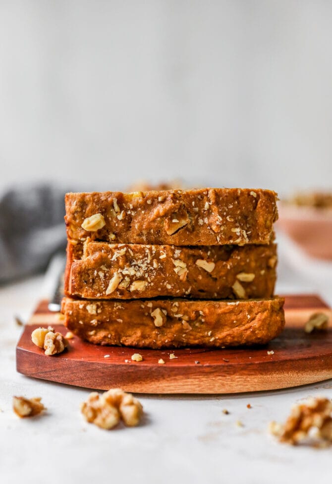 Stack of three slices of banana bread.