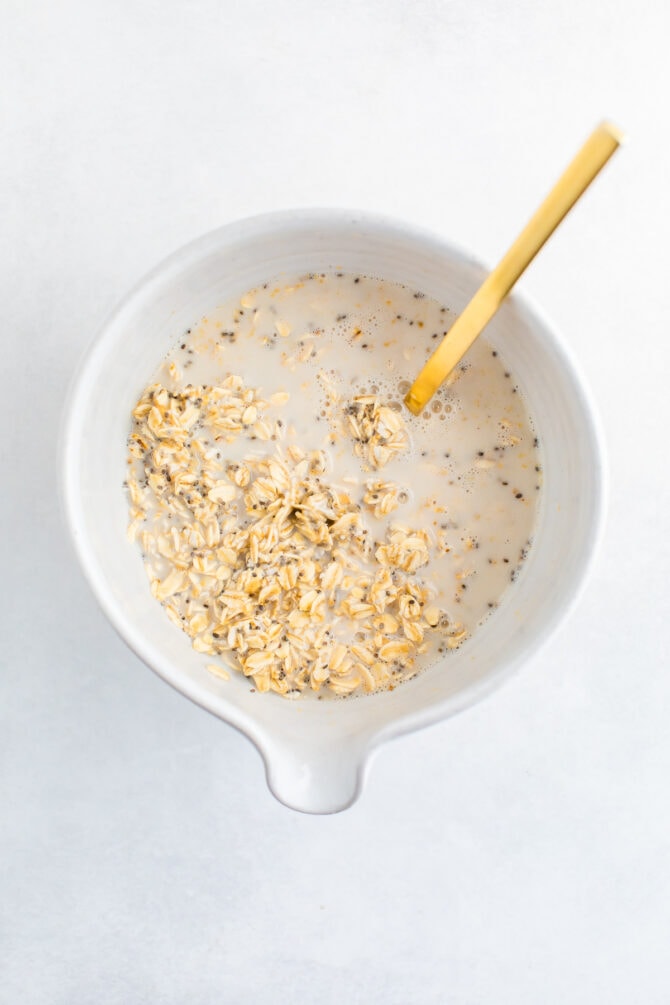 Mixing bowl with overnight oats mixture.