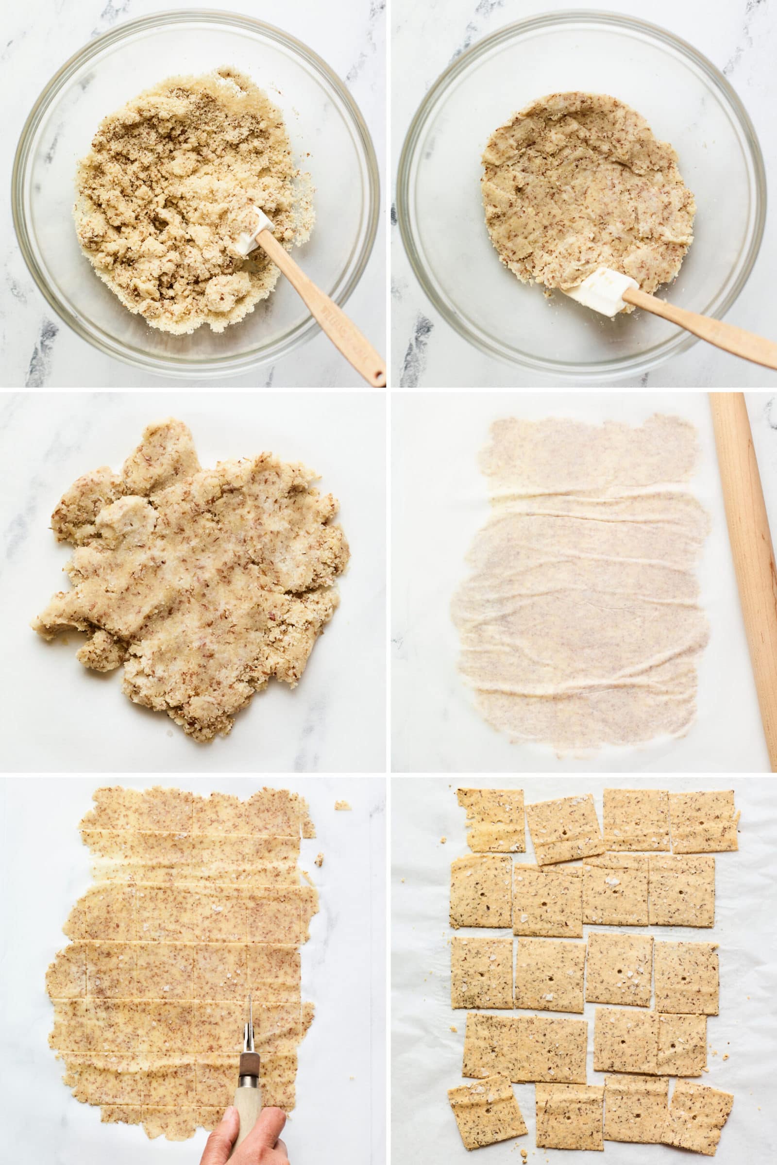 A collage of six images detailing make almond flour crackers.