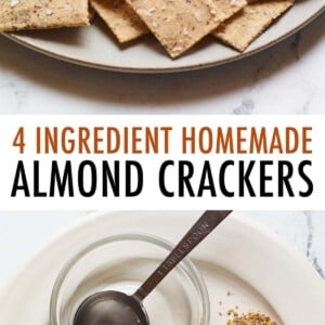 Plate of almond flour crackers with a bowl of hummus. Second photo is of water, sea salt, flaxseed and almond flour measured out on a plate.