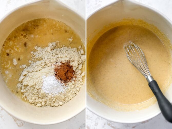 Side by side photos of a mixing bowl with pancake batter ingredients before and after being whisked.