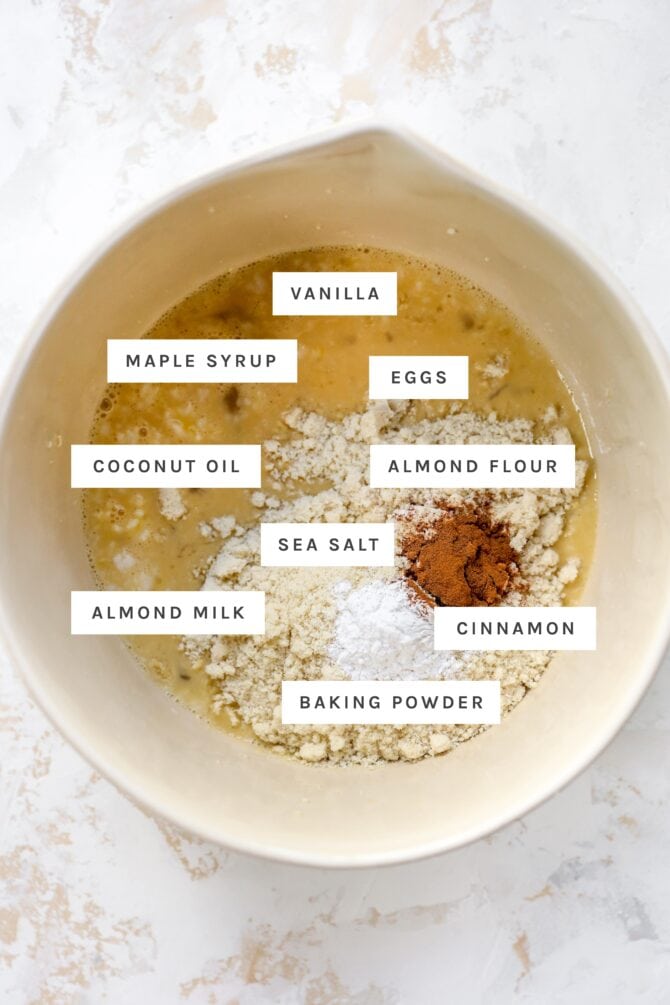 Mixing bowl with ingredients labeled to make almond flour pancake batter.