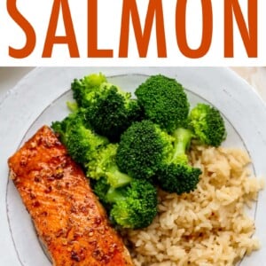 Plate with a piece of balsamic salmon, brown rice and broccoli.