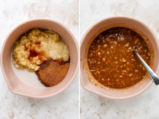 Side by side photos of mixing bowls with banana bread ingredients before and after being mixed,