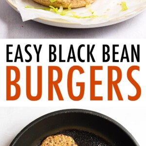 Black bean burger on a bun with lettuce, tomato, onion, ketchup, mustard and pickles. Second photo of two black bean burgers frying in a pan.