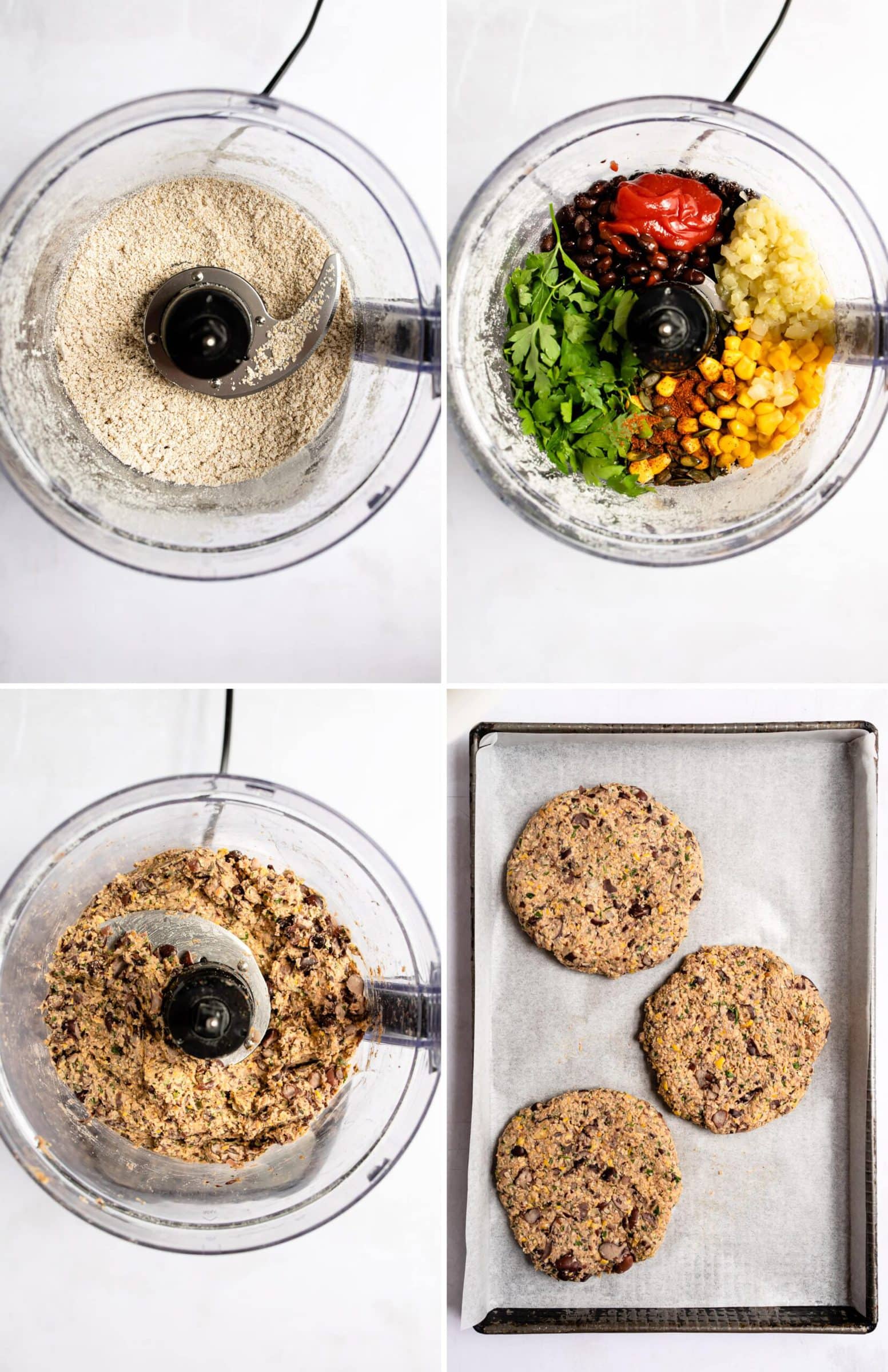 Four process photos showing how to make black bean burgers by pulsing oats, adding veggies and beans and then shaping into burger patties.