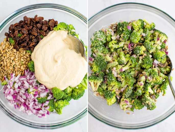 A side by side image with vegan broccoli salad ingredients not mixed and then mixed.