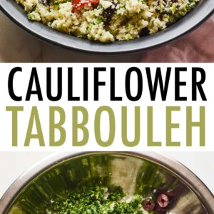 Top photo is a bowl of cauliflower tabbouleh. The photo below is a mixing bowl with cauliflower rice, kalamata olives, cucumber, herbs and tomatoes before being mixed.