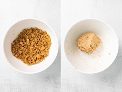 Side by side photos of mixing bowls with dog treat dough before and after being mixed.
