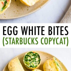 Plate with spinach and red pepper egg white bites. One egg white bite has a bite taken out of it.