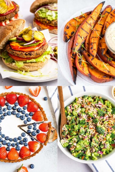 Collage of a bean burger, grilled sweet potatoes, a fruit tart and broccoli salad.