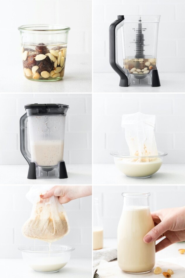Collage of 6 photos of each step showing how to make macadamia milk: 1. soak nuts and dates in water 1. add to blender 3. blend 4. & 5. strain in nut milk bag 6. enjoy!