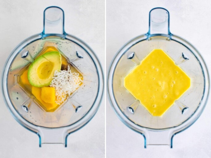 Side by side photos of ingredients for an avocado mango smoothie in a blender before and after being blended.