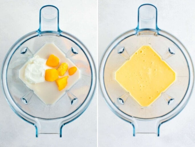 Side by side photos of a blender with almond milk, frozen mango and greek yogurt before and after being blended.