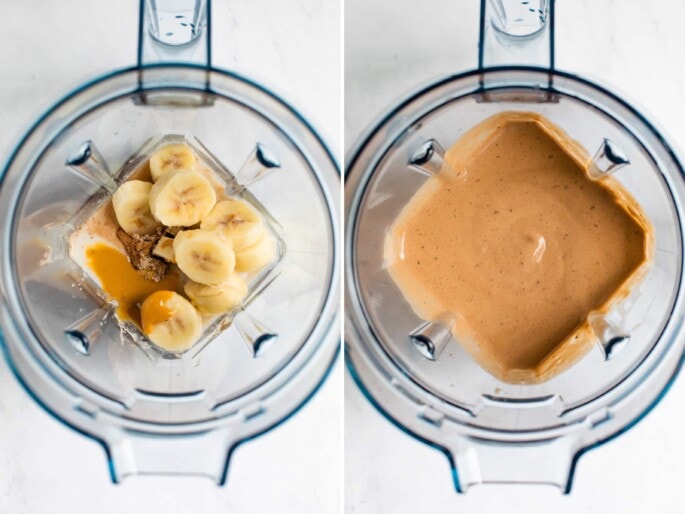 Side by side photos of blenders: the first is a blender with peanut butter, banana, chocolate protein powder and milk. The second is a blended peanut butter chocolate smoothie.