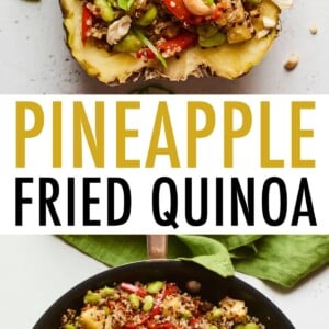 Pineapple boat full of pineapple fried quinoa. Second photo is the fried quinoa in a skillet.