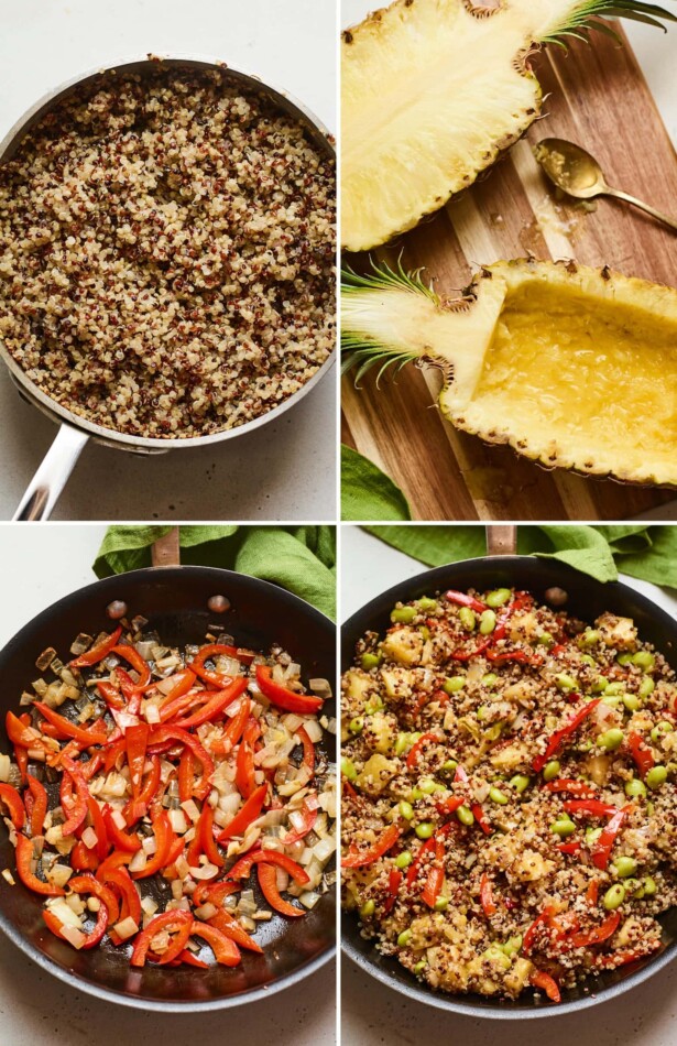 Four photos. Pot of quinoa, hollowed out pineapple halves, skillet with peppers and onion, and lastly skillet with pineapple fried quinoa.