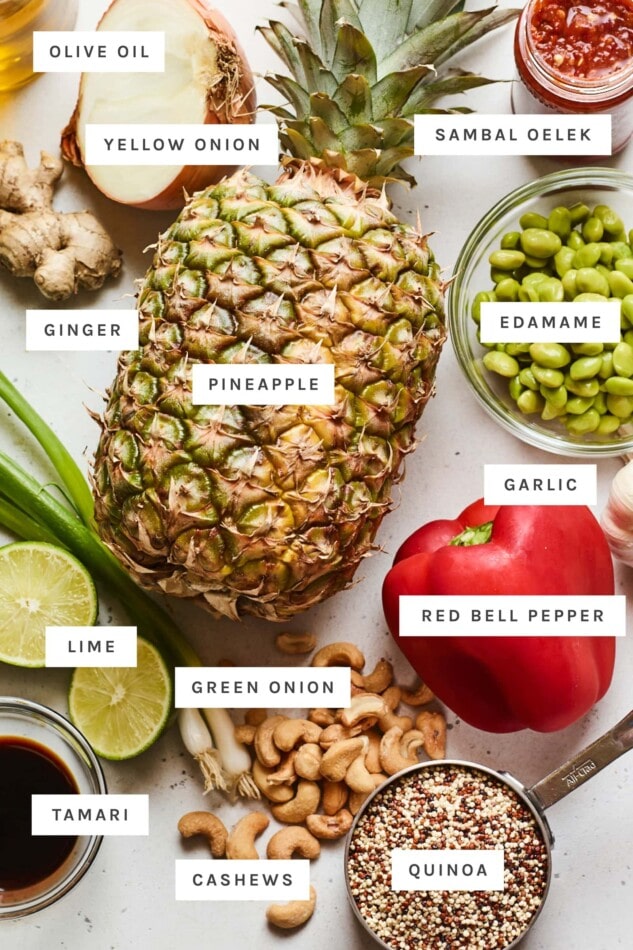 Ingredients to make pineapple fried quinoa measured out.
