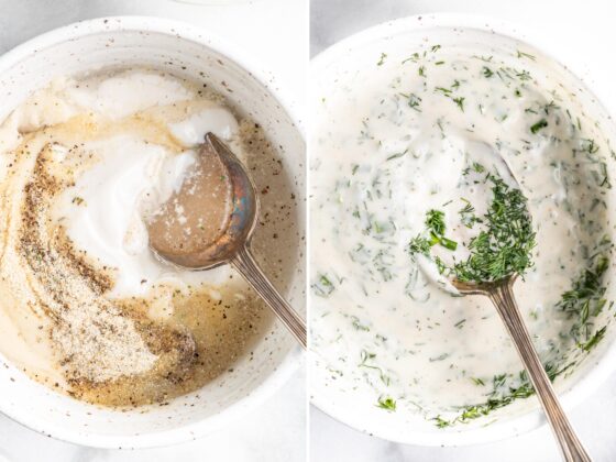 Side by side photos showing a spoon mixing together a Greek yogurt ranch dressing in a bowl.