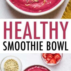 Smoothie bowl topped with berries, granola and almond butter. Second photo is a smoothie in a bowl surrounded but little bowls of granola, chia seeds, hemp seeds, berries and almond butter.