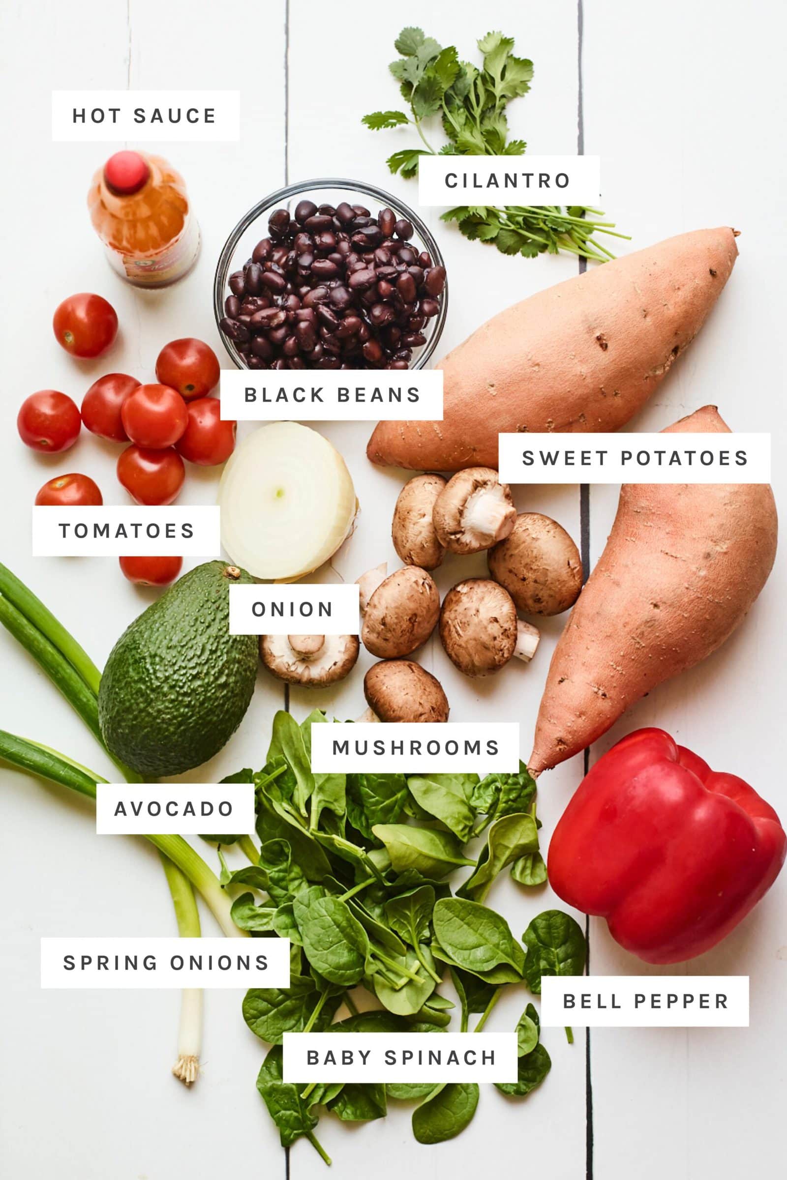 Ingredients measured out for stuffed sweet potatoes with black beans and veggies.