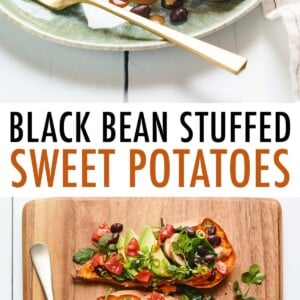 Black bean stuffed sweet potato on a plate with a fort and topped with tahini sauce, avocado, tomatoes and cilantro. Second photo is of four black bean stuffed sweet potatoes on a wood board.