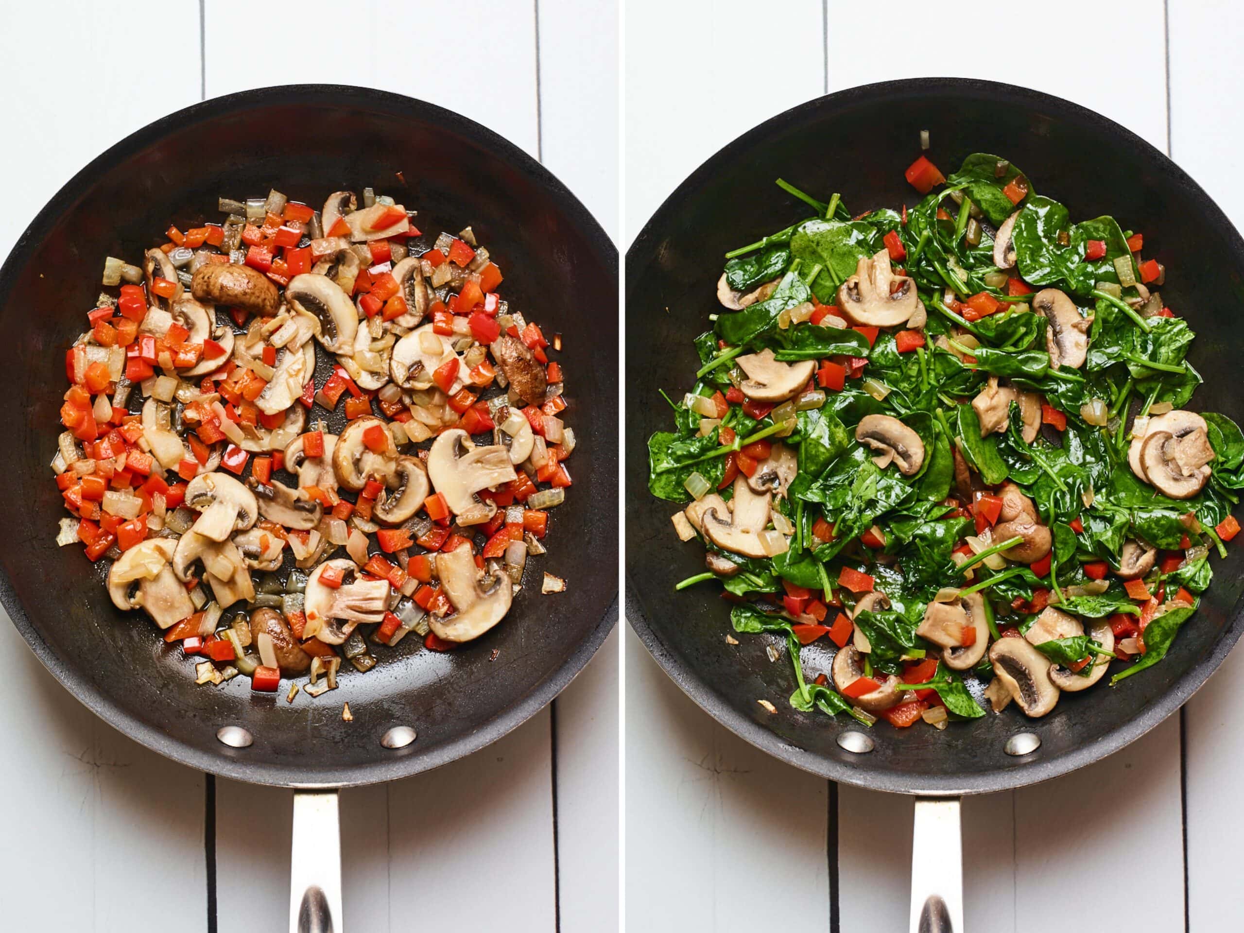 Side by side photos of a skillet with peppers, mushrooms and onion, and then the second skillet has spinach added.