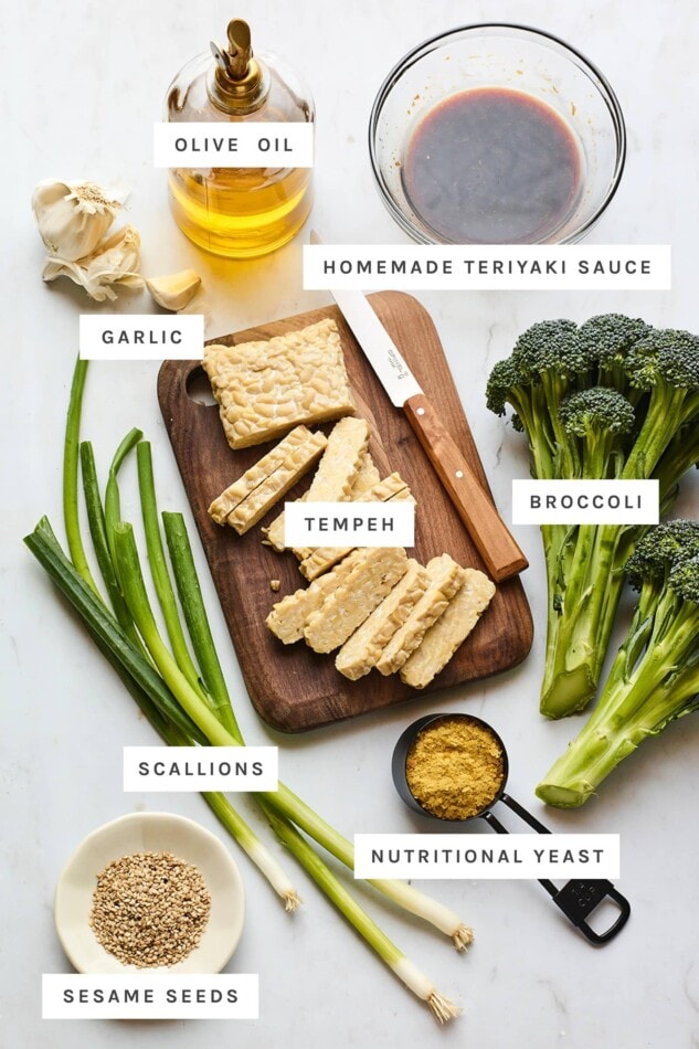 Ingredients measured out to make teriyaki tempeh and broccoli.