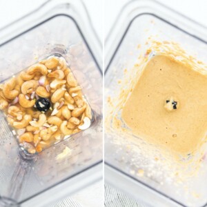 Side by side photos of a blender making cashew creamy dressing. Photo of the cashews and water in the blender before and after being blended.